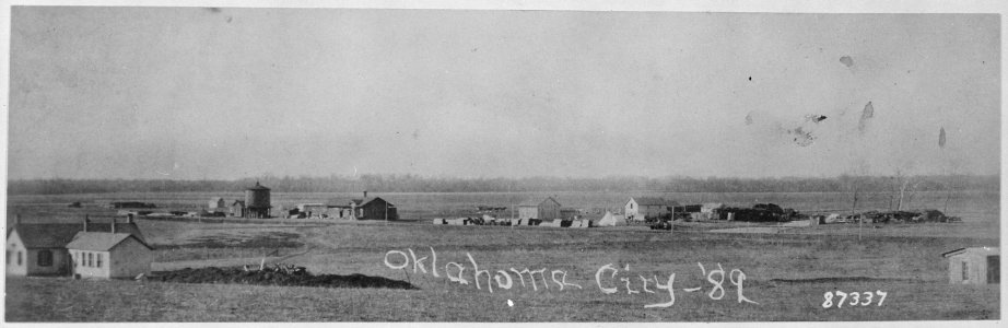 Oklahoma City, Indian. Terr., in 1889 showing U.S. Government dwellings, water tank, railroad station, hotel, post offic - NARA - 530906