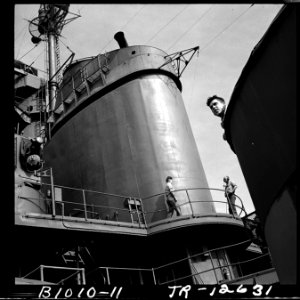 On board the USS New Jersey (BB-62) at sea. Forward stack - NARA - 520875