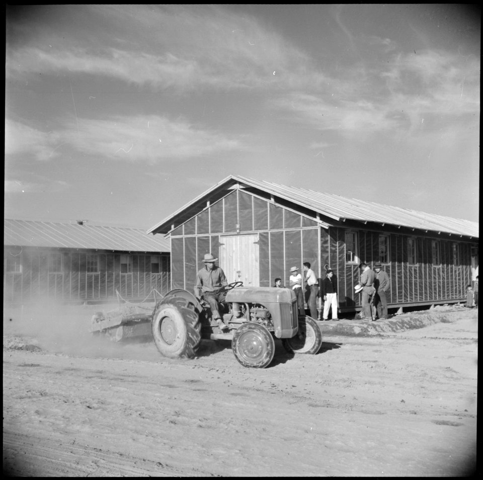 Parker, Arizona. An evacuee smooths street with grading equipment at the relocation center where ev . . . - NARA - 538567