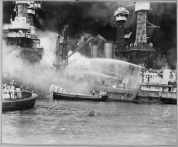 Pearl Harbor, T.H. taken by surprise, during the Japanese aerial attack. USS WEST VIRGINIA aflame. - NARA - 520594