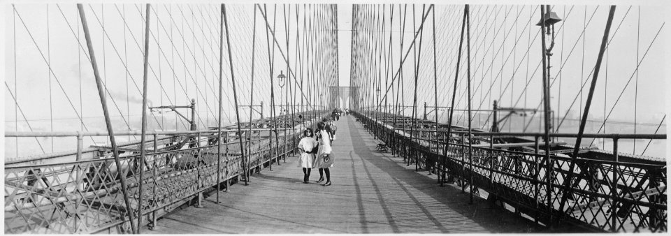 Pedestrians on the upper deck promenade of Brooklyn Bridge, New York City, ca. 1910 - NARA - 541908 photo