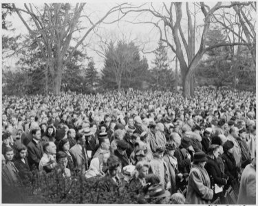 Photograph of a large and solemn crowd in attendance at the dedication of Franklin D. Roosevelt's home at Hyde Park... - NARA - 199355