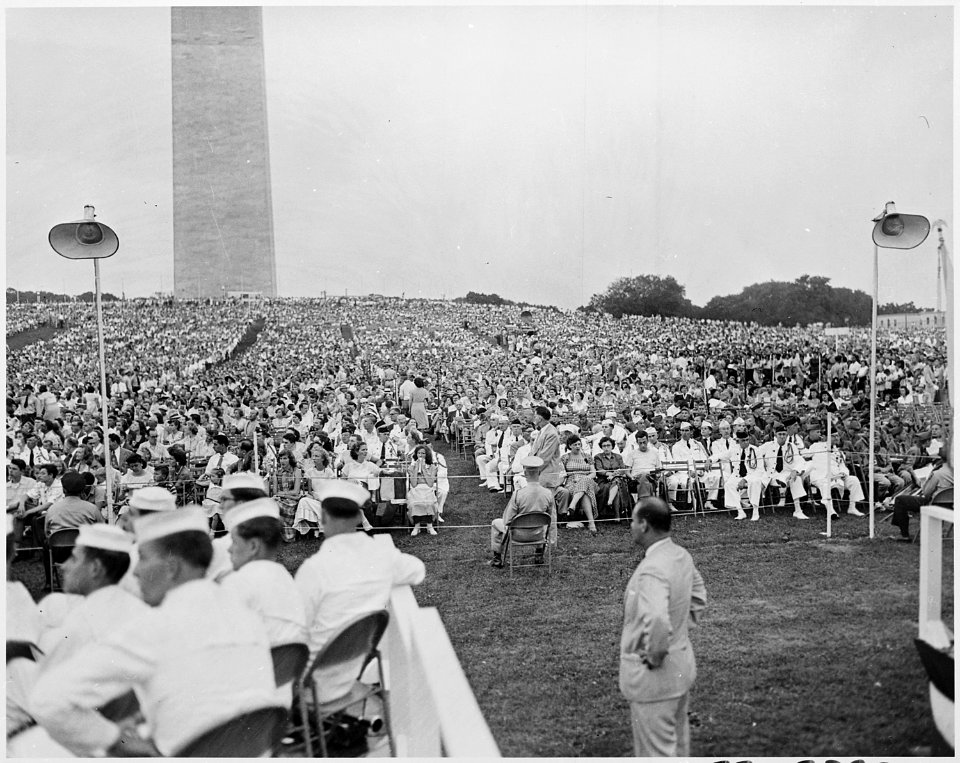 Photograph of a vast crowd at the Washington Monument during ceremonies celebrating the 175th anniversary of the... - NARA - 200336