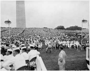 Photograph of a vast crowd at the Washington Monument during ceremonies celebrating the 175th anniversary of the... - NARA - 200336