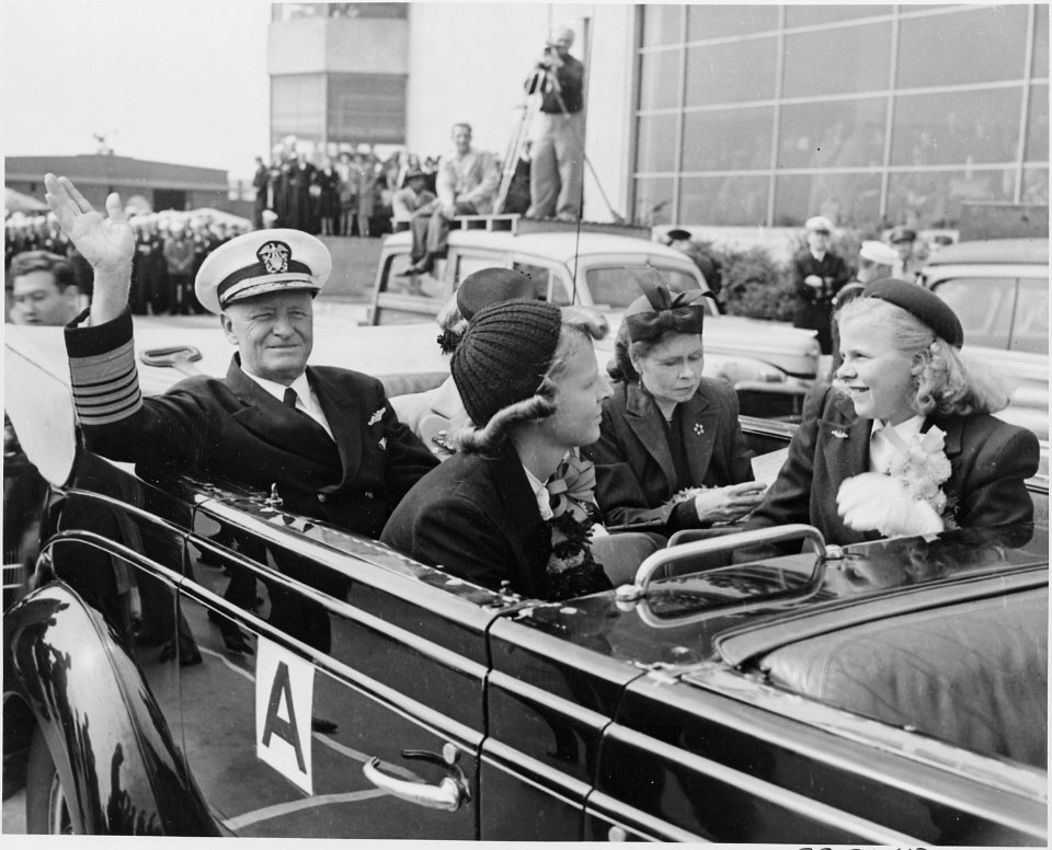Photograph of Admiral Chester Nimitz and his family in a limousine for their motorcade through Washington. - NARA - 199201