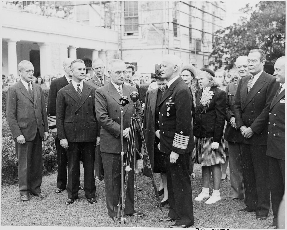 Photograph of Admiral Chester Nimitz speaking in the Rose Garden of the White House, as Secretary of the Navy... - NARA - 199224