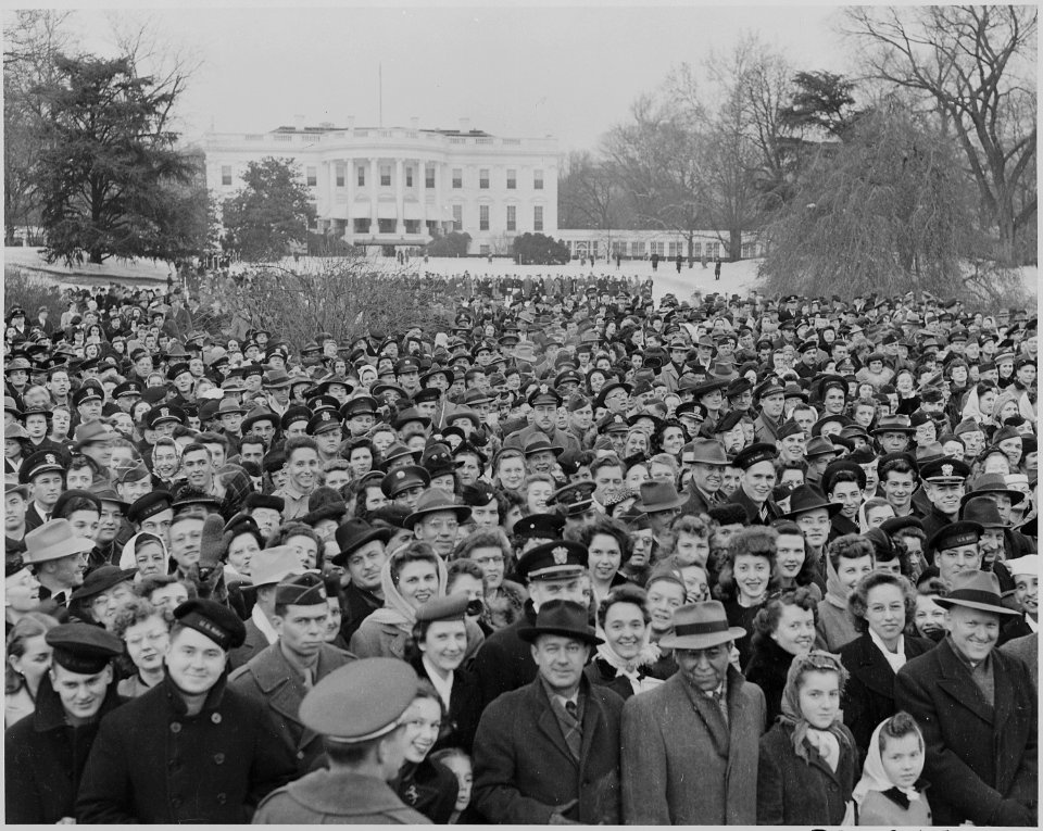 Photograph of a large crowd assembled on the South Lawn of the White House for the lighting of the National Community... - NARA - 199270