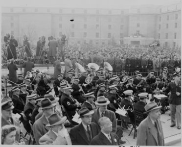Photograph of a military band and spectators at the Pentagon ceremony honoring the retiring Army Chief of Staff... - NARA - 199266