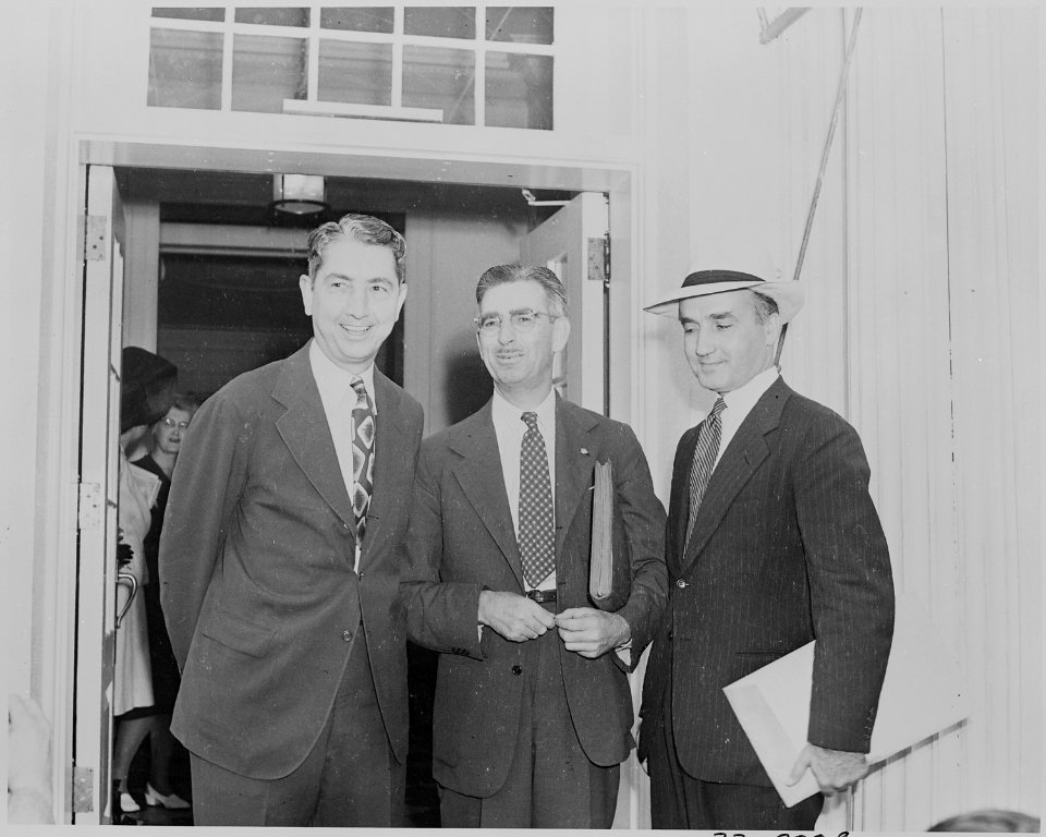Photograph of Attorney General Tom Clark and two unidentified men outside the White House on the occasion of the... - NARA - 199161