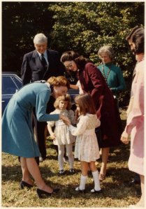Photograph of Betty Ford Greeting Lucinda and Catherine Robb, Granddaughters of President Lyndon Baines Johnson, at... - NARA - 186772