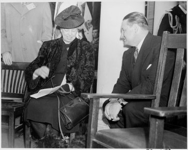 Photograph of Eleanor Roosevelt with a man of uncertain identity (probably Secretary of the Interior Julius Krug) on... - NARA - 199353 photo