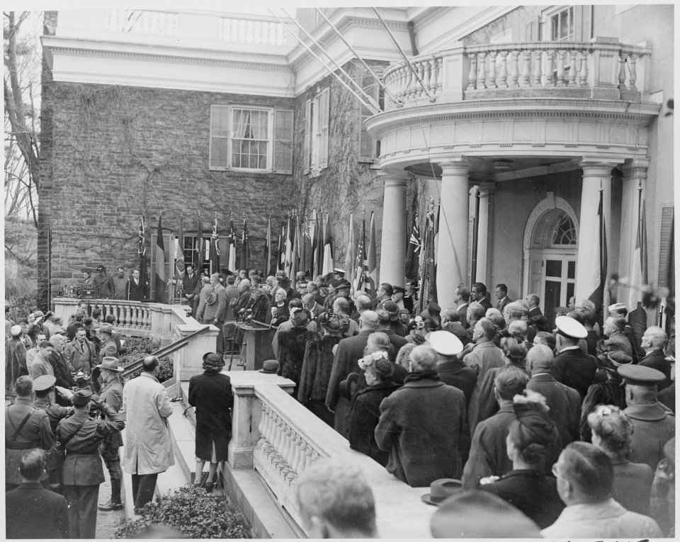 Photograph of dignitaries standing at dedication of Franklin D. Roosevelt home at Hyde Park, New York as a national... - NARA - 199364
