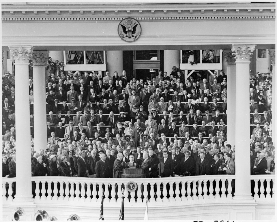 Photograph of Dwight D. Eisenhower taking the oath of office as President of the United States from Chief Justice... - NARA - 200419