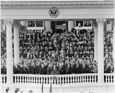 Photograph of Dwight D. Eisenhower taking the oath of office as President of the United States from Chief Justice... - NARA - 200419