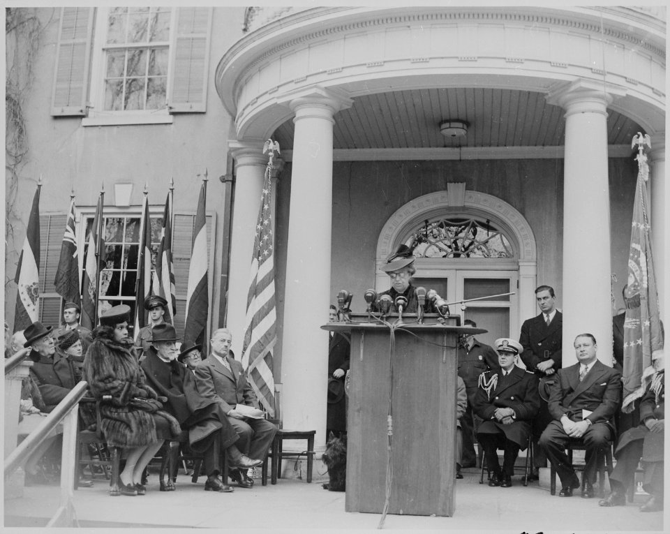 Photograph of Eleanor Roosevelt speaking at the dedication of the Franklin D. Roosevelt home at Hyde Park as a... - NARA - 199370