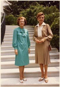 Photograph of First Lady Betty Ford with the Shahbanou (Empress) of Iran on the Steps Leading to the Truman Balcony... - NARA - 186813 photo