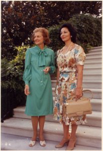 Photograph of First Lady Betty Ford Posing with Consuelo Velasco, First Lady of Peru, on the Steps Leading to the... - NARA - 186816