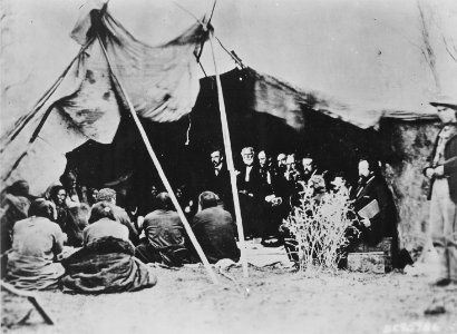 Photograph of General William T. Sherman and Commissioners in Council with Indian Chiefs at Fort Laramie, Wyoming, ca. 1 - NARA - 531079 (cropped) photo