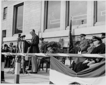 Photograph of General George C. Marshall speaking in the Pentagon Court during a ceremony at which he received a... - NARA - 199261