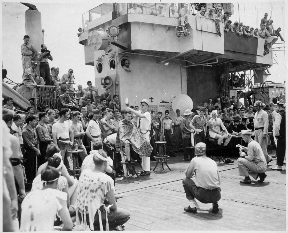 Photograph of Gerald R. Ford and Other Crew Members Watching the Festivities to Honor King Neptune as the U.S.S.... - NARA - 187037