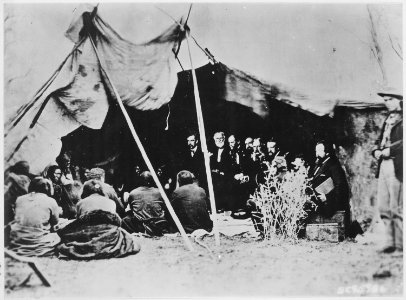 Photograph of General William T. Sherman and Commissioners in Council with Indian Chiefs at Fort Laramie, Wyoming, ca. 1 - NARA - 531079 photo