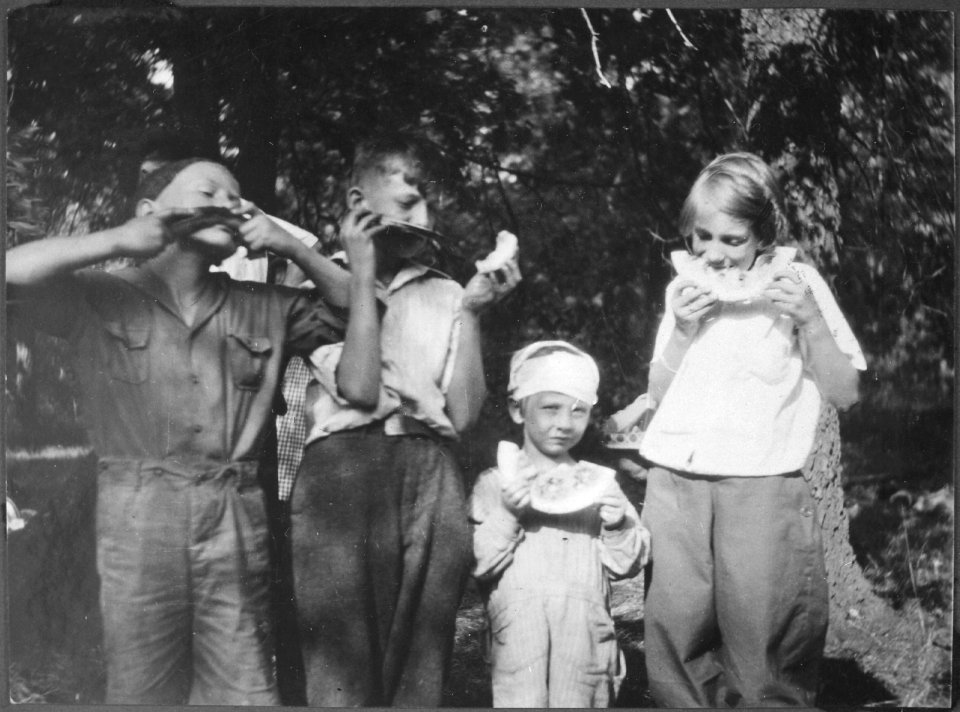 Photograph of Gerald R. Ford, Jr., with his Brother Tom Ford and Cousins Gardner and Adele James, Eating Watermelon - NARA - 186929