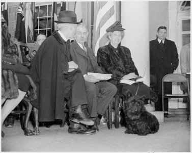 Photograph of Eleanor Roosevelt and the late President Roosevelt's dog, Fala, at the dedication of the Franklin D.... - NARA - 199362
