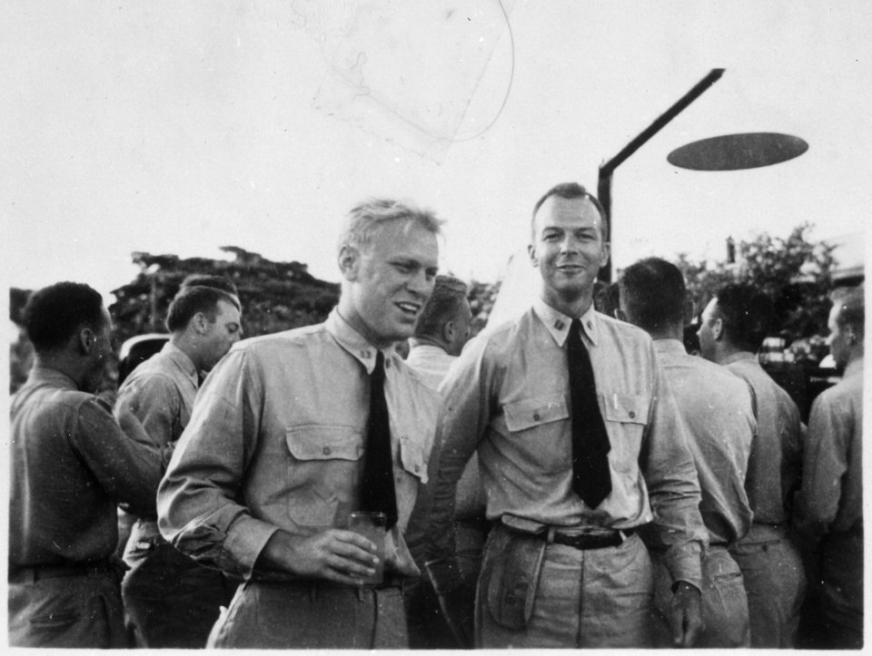 Photograph of Lt. Gerald R. Ford and Fellow Officer Truman Walling at the Farewell Party for Air Group Thirty at the... - NARA - 187038