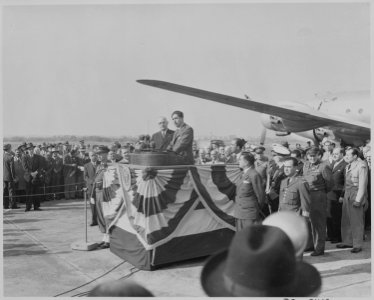 Photograph of Mexican President Miguel Aleman speaking at welcoming ceremony in his honor at Washington's National... - NARA - 199568
