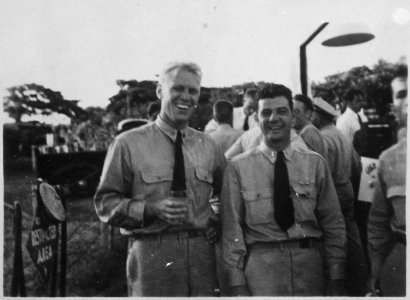 Photograph of Lt. Gerald R. Ford, Jr. and Lt. (Junior Grade) W. E. Delaney at the Farewell Party for Air Group Thirty... - NARA - 187029 photo