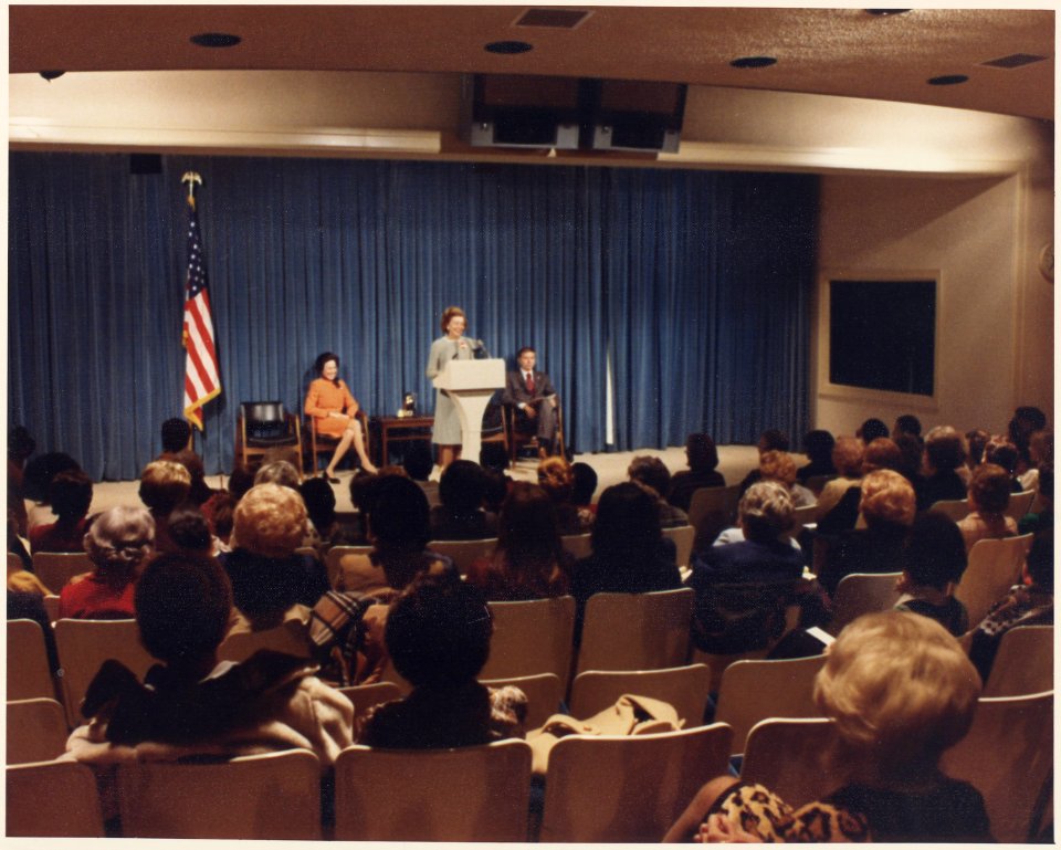Photograph of Mrs. Betty Ford Offering Remarks During the First Lady's Drop-By at the Economic Briefing for... - NARA - 186783