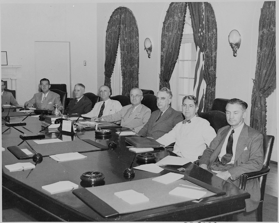 Photograph of officials at Cabinet meeting, (from left to right) Fortas (partially obscured), Hannegan, Stimson... - NARA - 199153