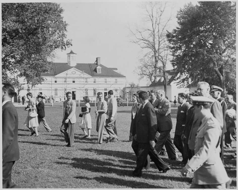 Photograph of Mexican President Miguel Aleman and other dignitaries touring the grounds at Mount Vernon. - NARA - 199546