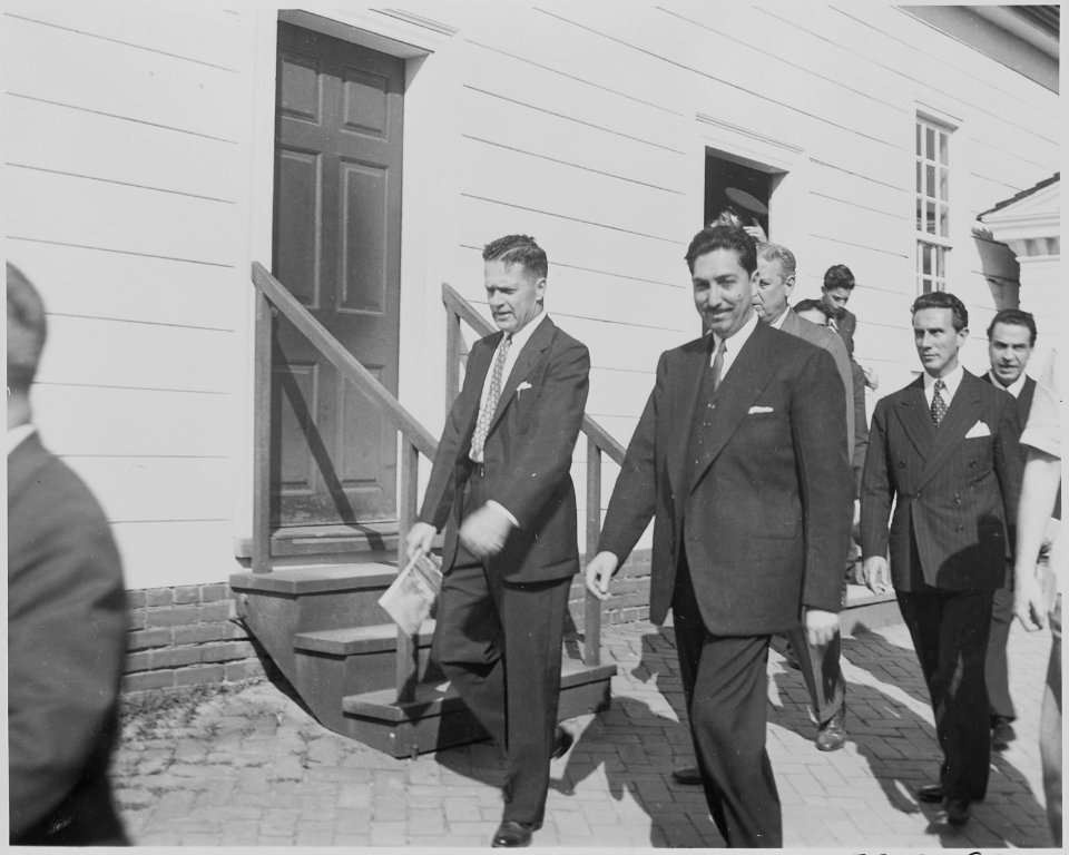 Photograph of Mexican President Miguel Aleman, with other dignitaries, touring the grounds at Mount Vernon. - NARA - 199547