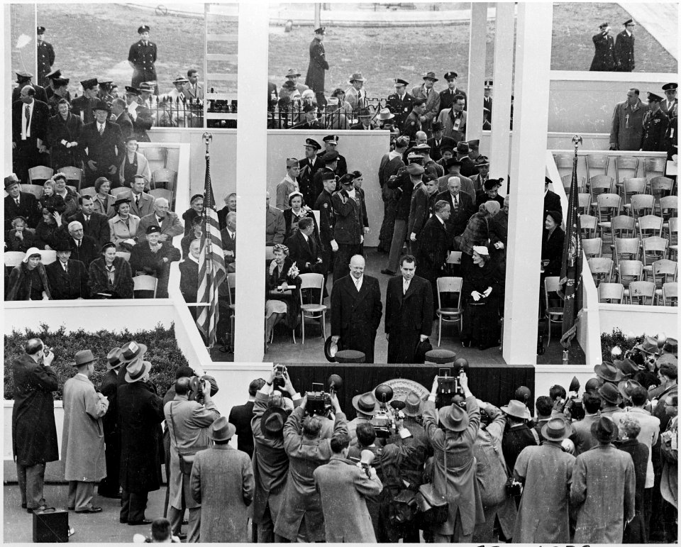 Photograph of President Dwight D. Eisenhower and Vice President Richard M. Nixon posing for photographers on the... - NARA - 200428