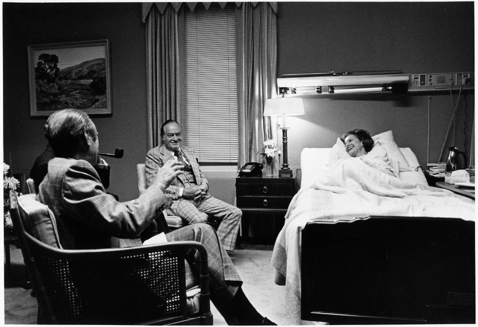 Photograph of President Gerald Ford and Comedian Bob Hope Visiting First Lady Betty Ford in the President's Suite at... - NARA - 186777