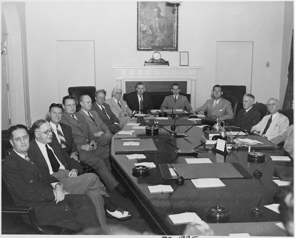 Photograph of officials at Cabinet meeting, (from left to right) Anderson, Schwellenbach, Blandford, Krug, Snyder... - NARA - 199148