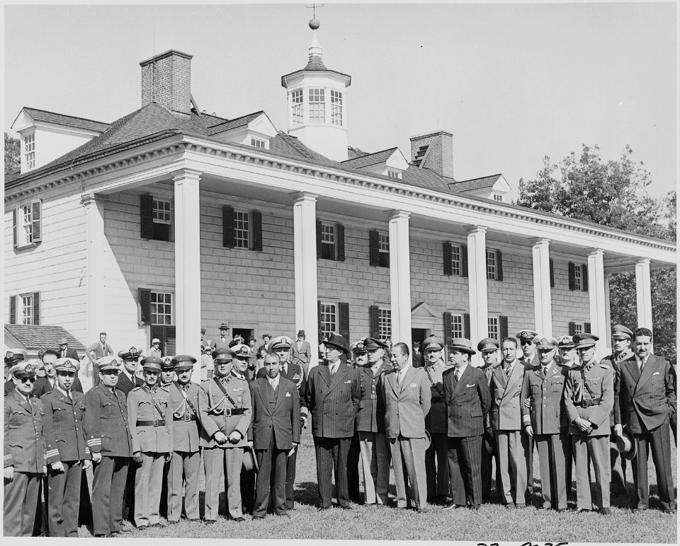 Photograph of President Juan Antonio Rios of Chile, with military officers and dignitaries, outside George... - NARA - 199229