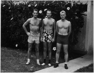 Photograph of Gerald R. Ford, Jr., and Two Unidentified Men in Bathing Suits - NARA - 187031 photo