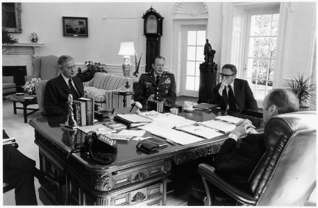 Photograph of President Gerald Ford Meeting with Brent Scowcroft, Graham Martin, General Frederick Weyand, and Henry... - NARA - 186794