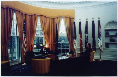 Photograph of President Richard M. Nixon and Representative Gerald R. Ford in the Oval Office Prior to the Nomination... - NARA - 186969