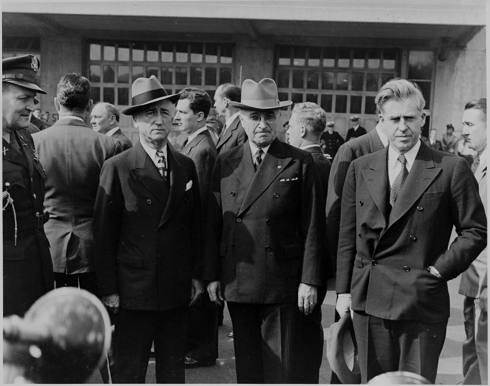 Photograph of President Harry S. Truman, James F. Byrnes and Henry A. Wallace, taken during the funeral ceremony for... - NARA - 199072