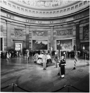 Photograph of President Kennedy's casket lying in state in the Capitol rotunda. - NARA - 200456