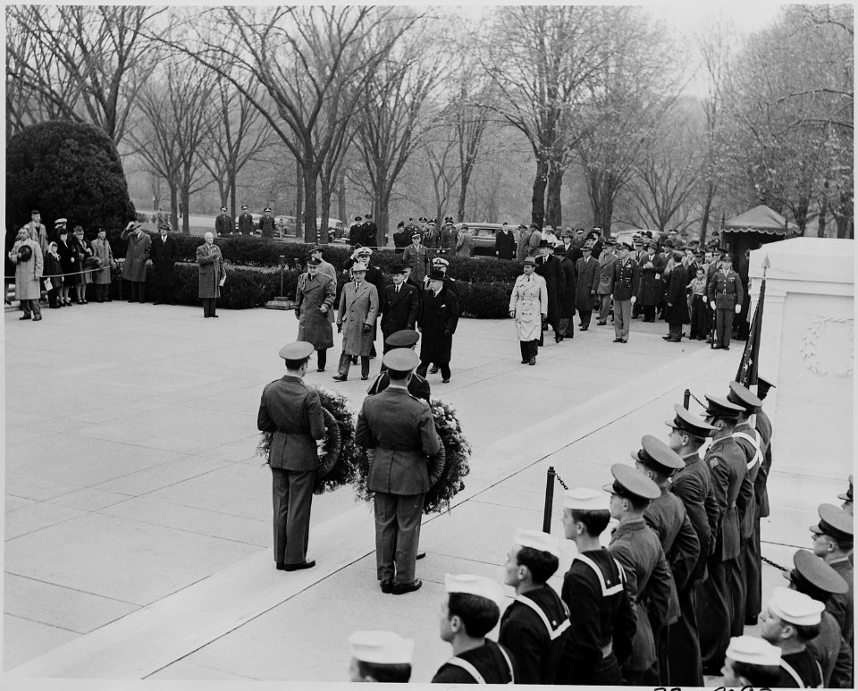 Photograph of President Truman and British Prime Minister Clement Attlee arriving at the Tomb of the Unknown Soldier... - NARA - 199248