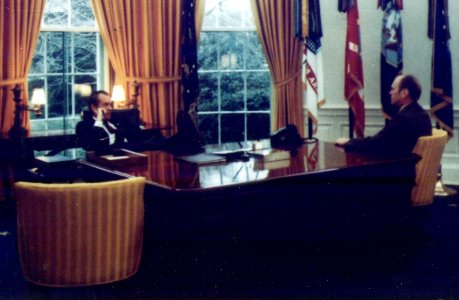 Photograph of President Richard M. Nixon and Representative Gerald R. Ford in the Oval Office Prior to the Nomination... - NARA - 186969 (cropped)