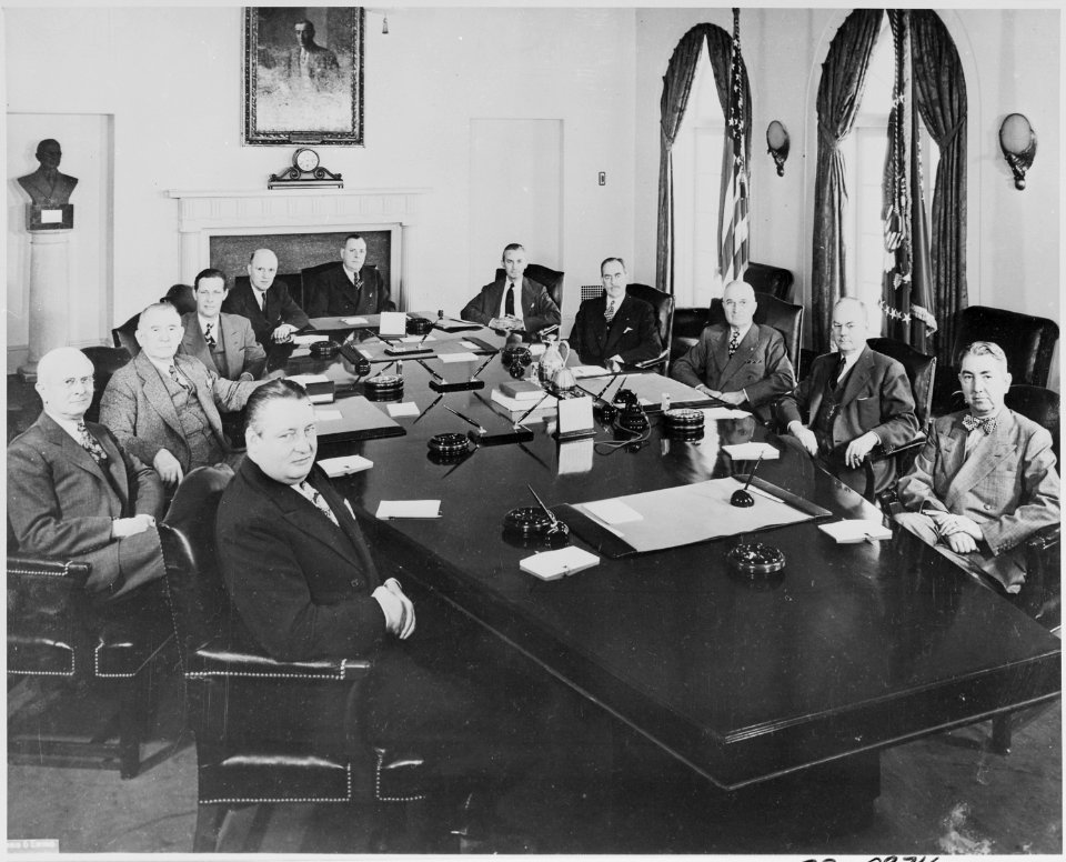 Photograph of President Truman and his Cabinet, in the Cabinet Room at the White House, (clockwise around table from... - NARA - 200083
