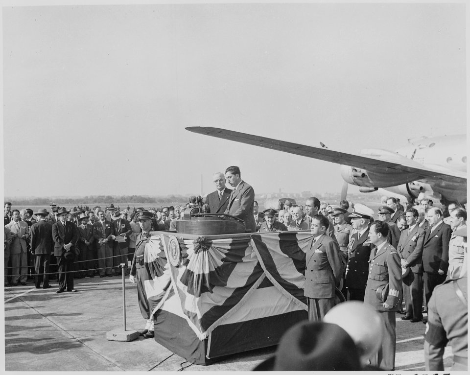 Photograph of President Miguel Aleman of Mexico speaking at a welcoming ceremony at the National Airport soon after... - NARA - 199542