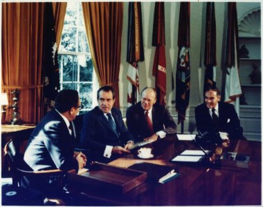 Photograph of President Richard M. Nixon Meeting in the Oval Office with Vice President Gerald R. Ford, Secretary of... - NARA - 186967 photo
