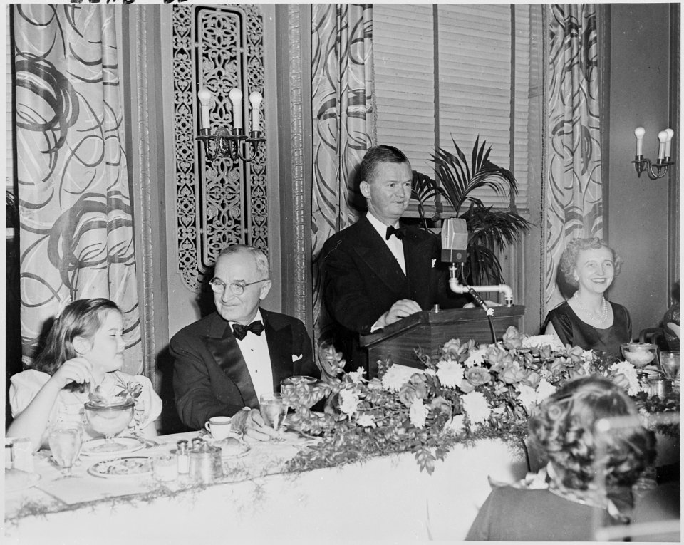 Photograph of President Truman and his daughter Margaret during a Father-Daughter Dinner at the National Press Club. - NARA - 200259