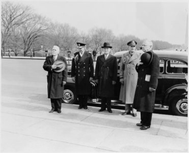 Photograph of President Truman and other dignitaries outside the Lincoln Memorial during ceremonies commemorating... - NARA - 200080
